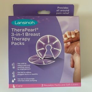 Lansinoh Therapearl cold packs and box of disposable nursing pads